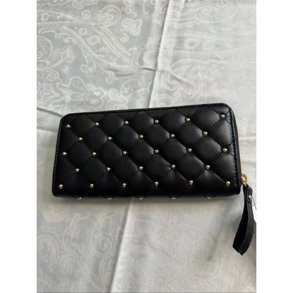 NWT Chico’s Black Leather Quilted Stud Wallet New